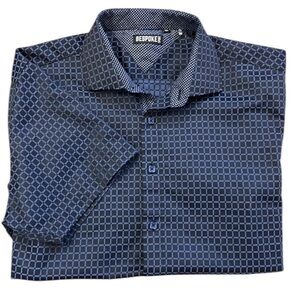 Bespoke Sport Short Sleeve Button Front Shirt Two-Tone Black/Blue Windowpane XL